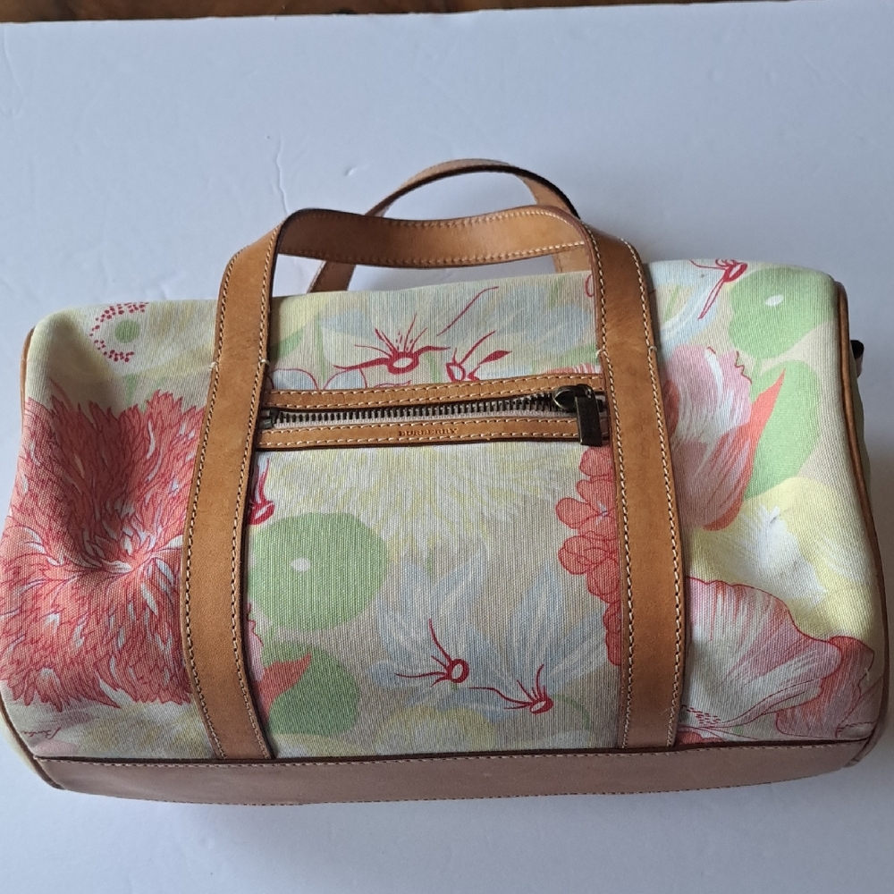 Vintage Burberry Floral Canvas Travel Bag with Tan Leather Accents